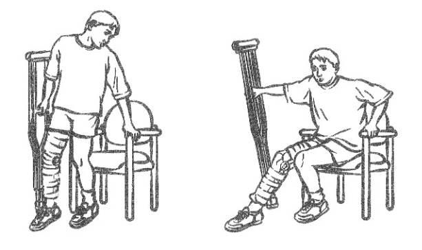 Leülés, felállás Leülésnél a mankót ki kell venni a hóna alól, a sérült alsóvégtagot