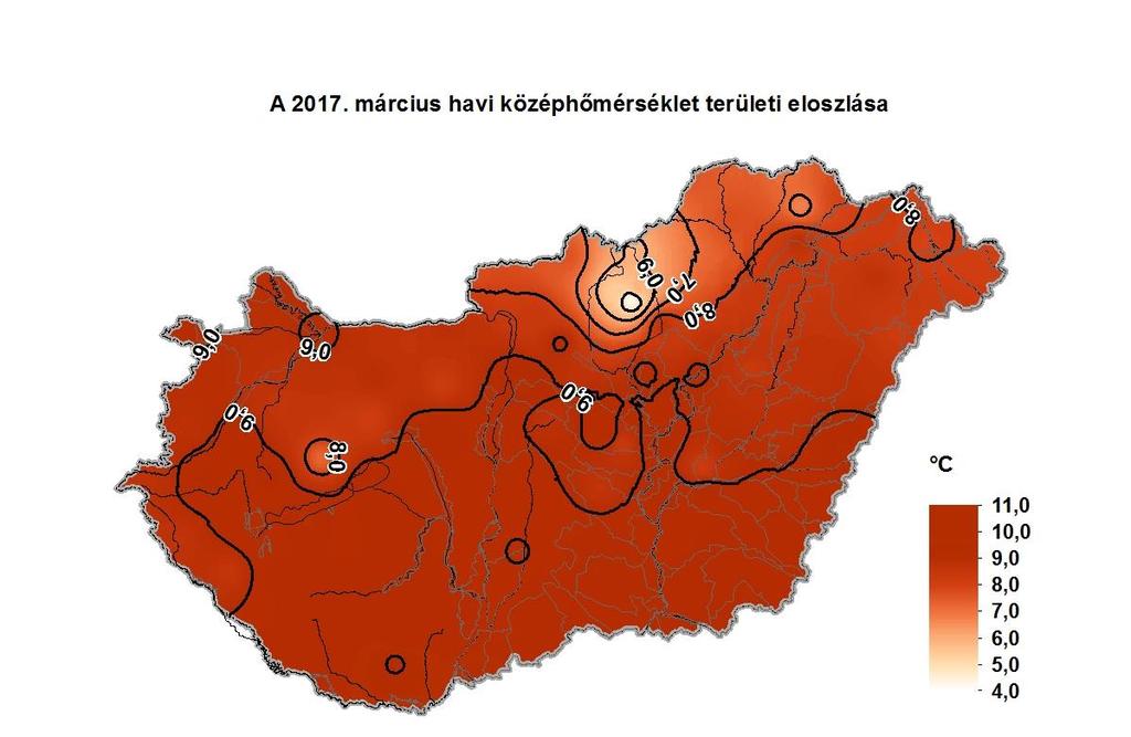 Országos áttekintésben az átlagos márciusi havi középhőmérséklethez képest a legnagyobb pozitív eltérés (4,6 C) Aszód állomáson fordult elő.