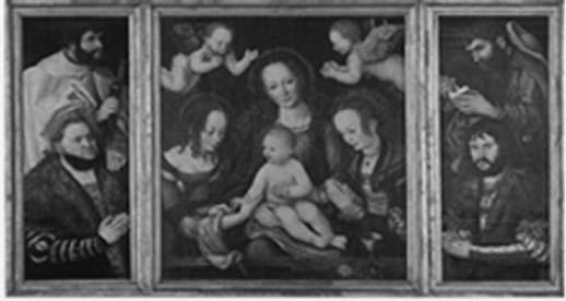 Baloldalon Bölcs Frigyes és Szent Borbála, középen a Madonna a kisdeddel, jobb oldalon Jézus herceg és az ifjú Jakab. Ifj.