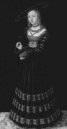 festette meg. Ezek a teljes alakos figurák szépen dekorálták a belső tereket, és egységessé tették azokat. Idősebb Lucas Cranach: Hölgy virággal, 1526 Varsó Vénusz és Ámor.