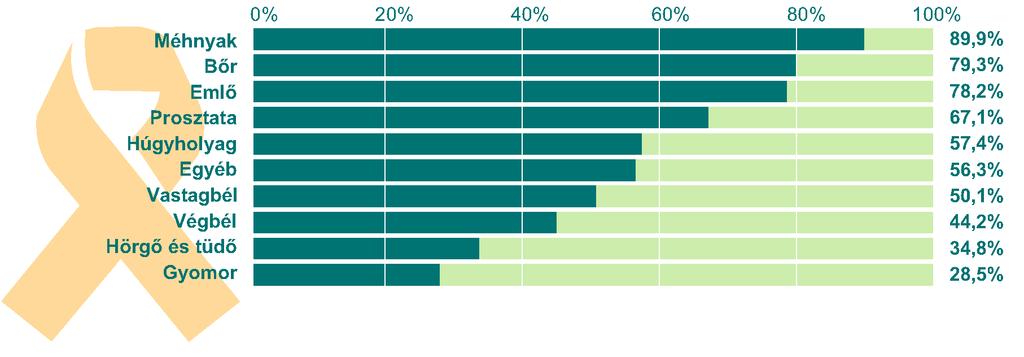 23. ábra: Rákbetegek öt éven túli túlélési aránya (2010) Azt ugyanakkor érdemes megjegyezni, hogy az egyes daganatfajták túlélési arányai között jelentõs eltérések vannak: a leggyakrabban elõforduló