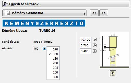 Az elem elhelyezéséhez állítsa be a felhasználói felület Kémény geometria oldalán a további paramétereket: 34 KÉMÉNY MAGASSÁG ÉS TETŐSÍK FELETTI HASZNOS MAGASSÁG KÜRTŐ ÁTMÉRŐ - KÉMÉNY TELJES