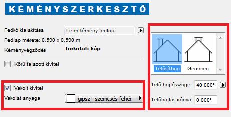 A Leier Kémény beállításai oldal tetején, a Kéményfej, Tető jellemzői menüpontot kiválasztva érhetők el a tető geometriáját beállító paraméterek.