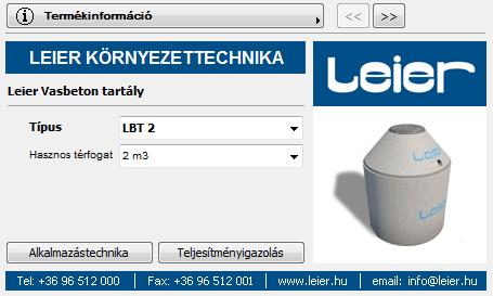A Leier vasbeton tartályelem beállításainál a TÍPUS ÉS HASZNOS TÉRFOGAT értékek összefüggenek.
