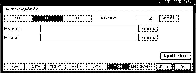 Címlista Mappa Tárolhatja a protokollt, az útvonal nevét és a szerver nevét. SMB FTP NCP H.ad csop.hoz A könnyebb kezelés érdekében a tárolt e-mail és mappa célállomásokat csoportokba rendezheti.