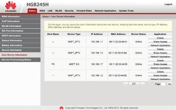 6.3.9 Felhasználó eszközeinek információi A Status -> User Device Information lapon találhatók a digitális elosztó vezetékes és vezeték nélküli interfészére csatlakoztatott eszközök információi. 6.10.
