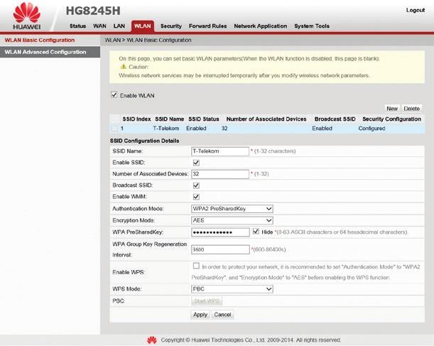 6.6 Vezeték nélküli kapcsolat beállítások A WLAN lapon lehet a vezeték nélküli kapcsolat beállításait elvégezni. 6.6.1 Alapvető WLAN beállítások A WLAN -> WLAN Basic Configuration lapon lehet engedélyezni, vagy tiltani a vezeték nélküli kapcsolatot az enable WLAN előtti pipával.