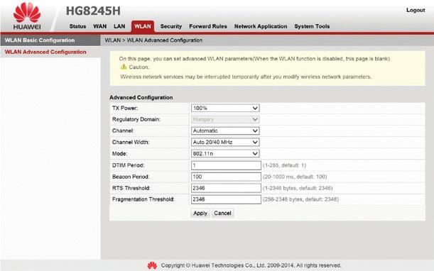 6.6.2 Haladó szintű WiFi beállítások A WLAN -> WLAN Advance Configuration lap alsó részében lehet beállítani a vezeték nélküli kapcsolat haladó szintű beállításait. 6.17.