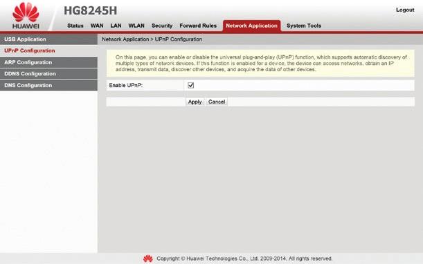 6.10.2 UPnP beállítás A Network Application -> UPnP Configuration lapon a jelölőnégyzetbe való kattintással lehet bekapcsolni az UPnP (Universal Plug and Play) funkciót. 6.26.
