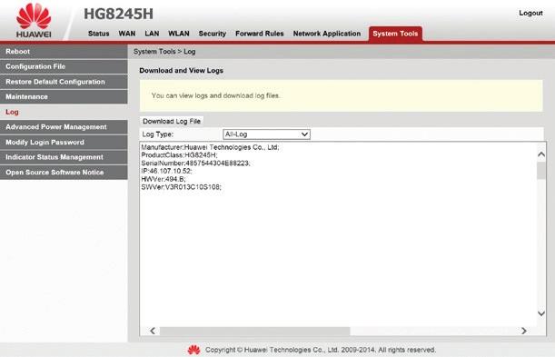 6.11.5 Log A System Tools -> Log lapon lehet megtekinteni és letölteni az eszköz által naplózott eseményeket. 6.34. ábra: Log 6.11.6 Teljesítmény-gazdálkodás A System Tools -> Advanced Power Management lapon lehet engedélyezni, illetve tiltani az energiacsökkentett üzemmódot.