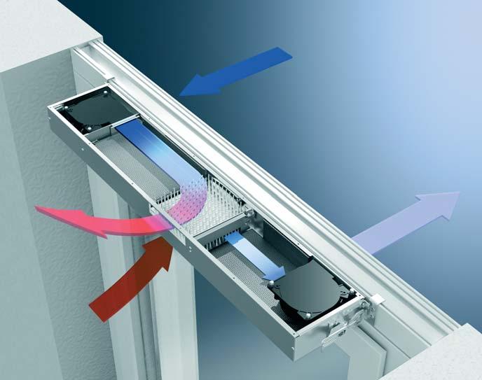 SCHÜCO VentoTherm Ablakba integrált szellôztetô rendszer hôvisszanyeréssel A SCHÜCO VentoTherm decentralizált szellôztetô rendszer szinte bármilyen épületben biztosítja a légcserét anélkül, hogy az