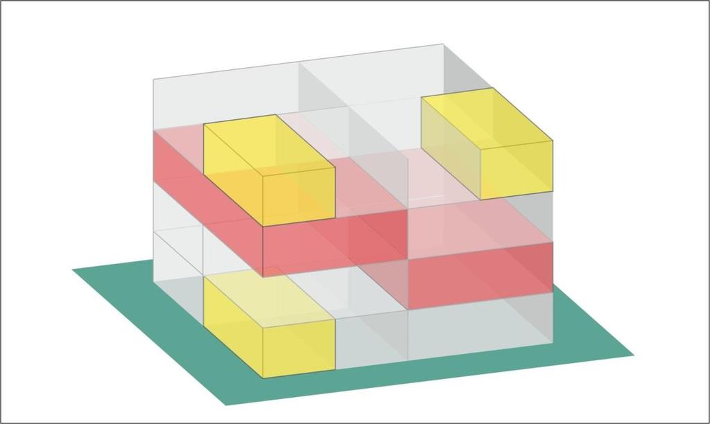 1.5. ábra: Több övezetre bontott építmény. Az azonos színnel jelölt térrészek (helyiségcsoportok) ugyanahhoz az övezethez tartoznak.
