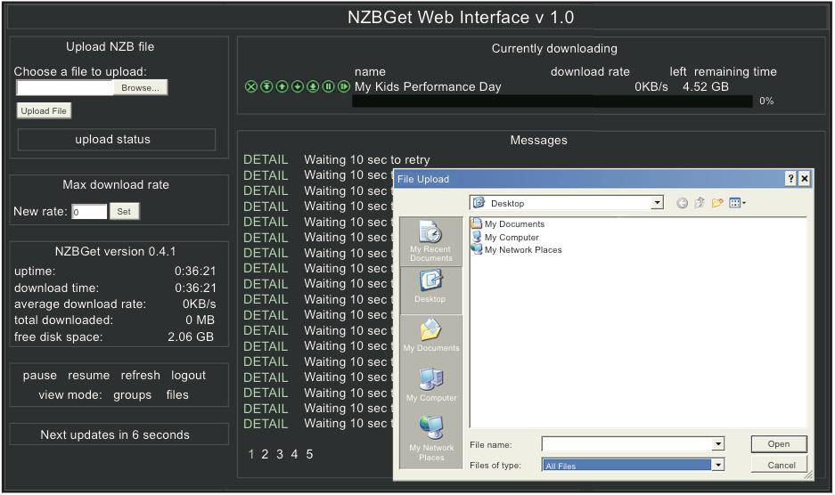 Popcorn Hour A-300 felhasználói kézkönyv Az NZBGet webes felülete Letöltés végrehajtásához töltse fel az NZB-fájlt a Choose... gombra kattintva, majd kitallózva azt!