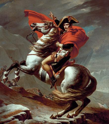 Napóleon Marengo hátán az Alpok előterében Napóleon kedvenc lovát Marengónak hívták, amely legtöbb hadjáratában elkísérte a császárt.