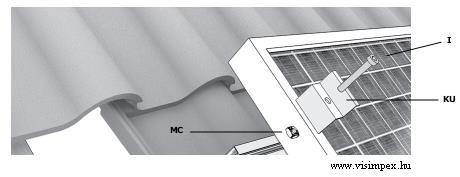 8.2 Telepítés lapostetőre Ábra: Panel leszorítás A lapostetőre kerülő panelek esetén az ábra szerinti Al tartókonzolokra kerülnek rögzítésre a panelek.