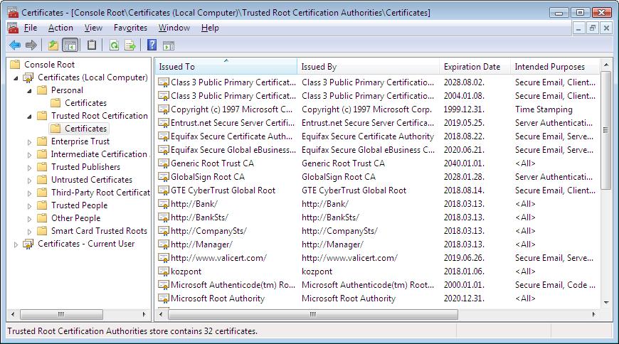 Windows tanúsítványtár Personal certificates: privát kulcsú saját tanúsítványok Root Certificate Authorities: publikus kulcsú gyökértanúsítványok 52 Java tanúsítványtár Formátum: JKS Tipikusan két