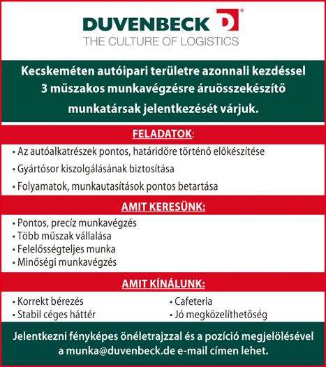 30-ig (esetenként hétvéhelyre (Szabó-Cseh Kft., ció: 06 20/2565-994 vagy Írisz u. 3., Auchan mellett), teljes munkaidőben, hu kecskemet@alkotomuveszet. határozatlan időre.