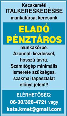 06-30/504-9595, 06-70/361-8415 TAKARÍTÓNŐT keresek varrodába délutáni, 4 órás munkaidőben. (Szabó-Cseh Kft., Kecskemét, Írisz utca 3., Auchan mellett.