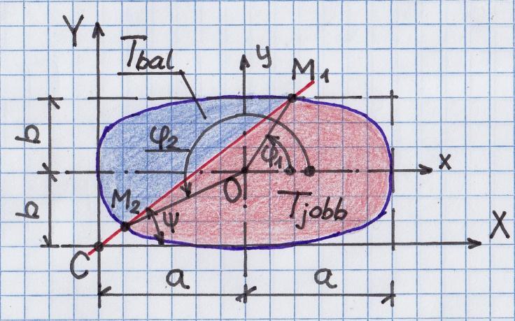 ábra. 1. ábra Meghatározandó az így előálló ellipszis - szeletek T bal és T jobb területe. Eszerint a feladat kiírása az alábbi. Adott: a, b; ψ. Keresett: T bal,t jobb.