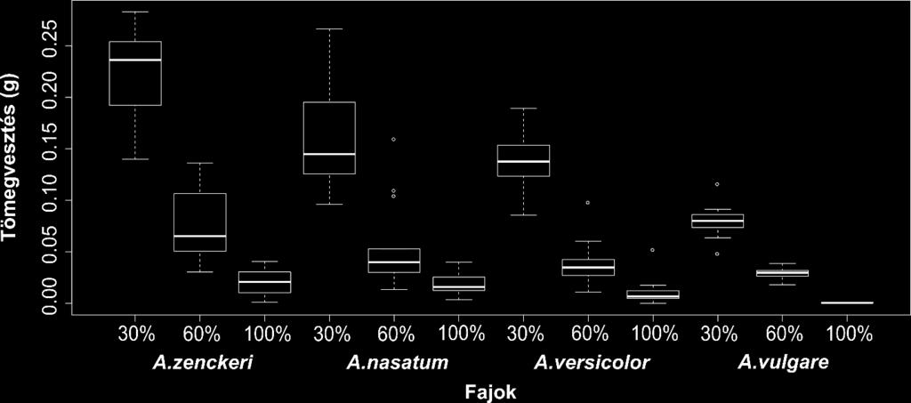 47. ábra: A kísérleteket túlélt egyedek testtömeggel arányos súlyvesztése ~30%, ~60% és ~100%- os