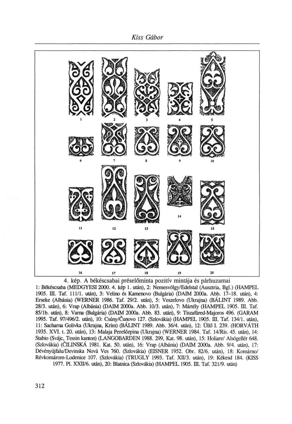 Kiss Gábor К 17 18 19 20 4. kép. A békéscsabai préselőminta pozitív mintája és párhuzamai 1: Békéscsaba (MEDGYESI2000. 4. kép 1. után), 2: Nemesvölgy/Edelstal (Ausztria, Bgl.) (HAMPEL 1905. Ш. Taf.