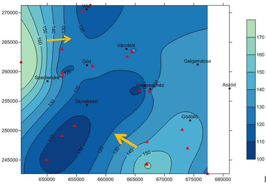 Vácrátót geotermikus kutak 7. ábra: Domborzat (mbf) (Topography, elevations are given in metres asl.