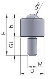 Golyós görgők // 70 kg-ig Mini golyós görgők menetes csappal mérőeszközökben történő használatra tisztaterekben történő anyagmozgatáshoz kisebb lineáris csapágyak megvezetésére KR-I = acél ház, acél
