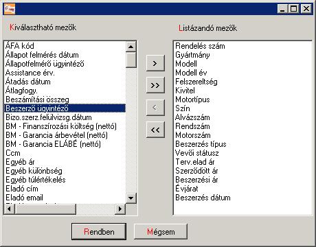 15. Ábra: Használt autó karbantartás - mezők kiválasztása Emellett keresni is lehet rájuk közvetlenül, az "Egyéb keresési feltételek" nevű fülön beállítható paraméterek alapján.