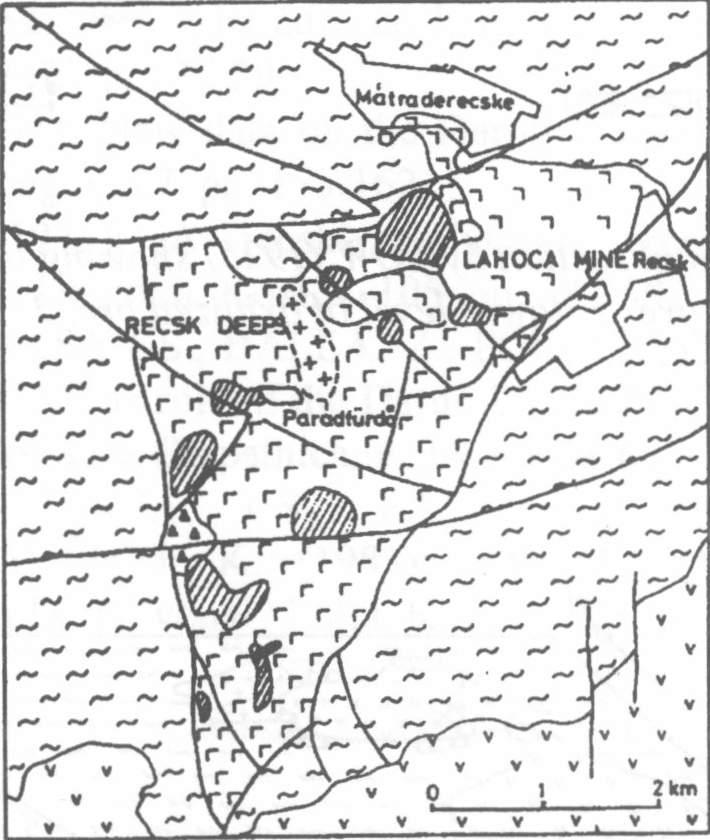 LEGEND <[= 2 H3 3(23 117*71 7EÏD «EB Fig. 3 Geological sketch of the Lahöca area (after FÖLDESSY, 1996) 1: settlement, 2: Upper Eocene andesite and dacite (1. and 2.