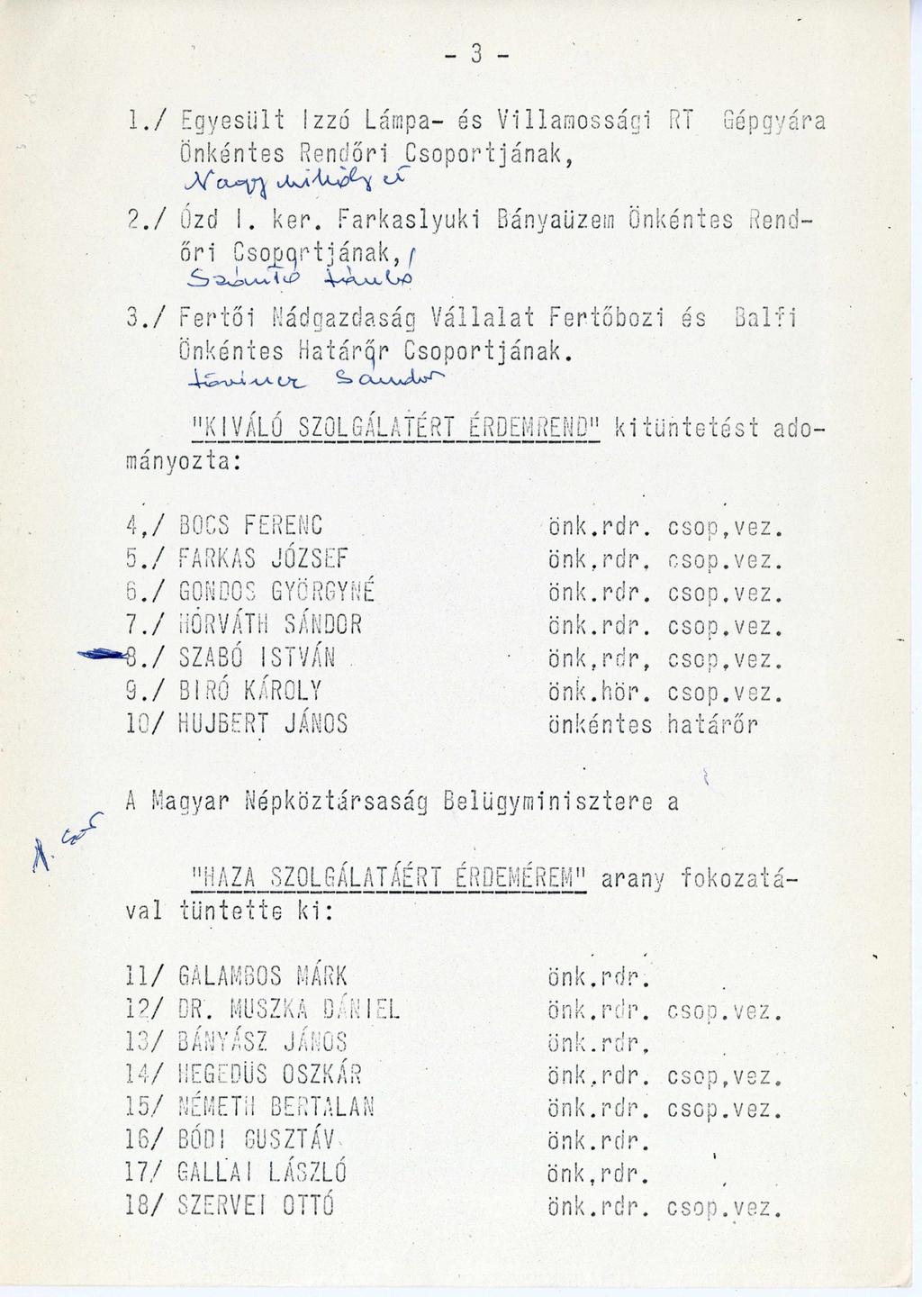 - 3-1. / Egyesült Izzó Lámpa- és Villamossági RT Gépgyára Önkéntes Rendőri Csoportjának, 2. / Ózd I. ke r. Farkaslyuki Bányaüzem önkéntes Rendőri Csoportjának 3.