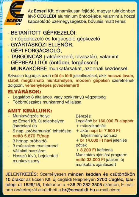 8000 Ft/hó cafetéria Céges busz: Tápiószentmárton, Cegléd,