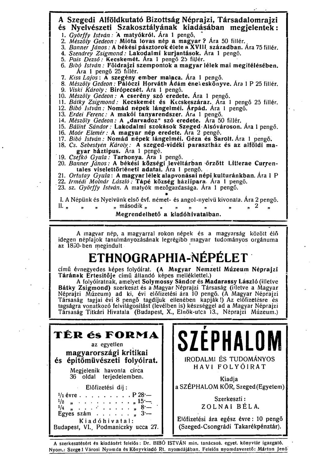 A Szegedi Alföldkutató Bizottság Néprajzi, Társadalomrajzi és Nyelvészeti Szakosztályának kiadásában megjelentek: 1. Györffy István: A matyókról. Ára 1 pengő. 2.