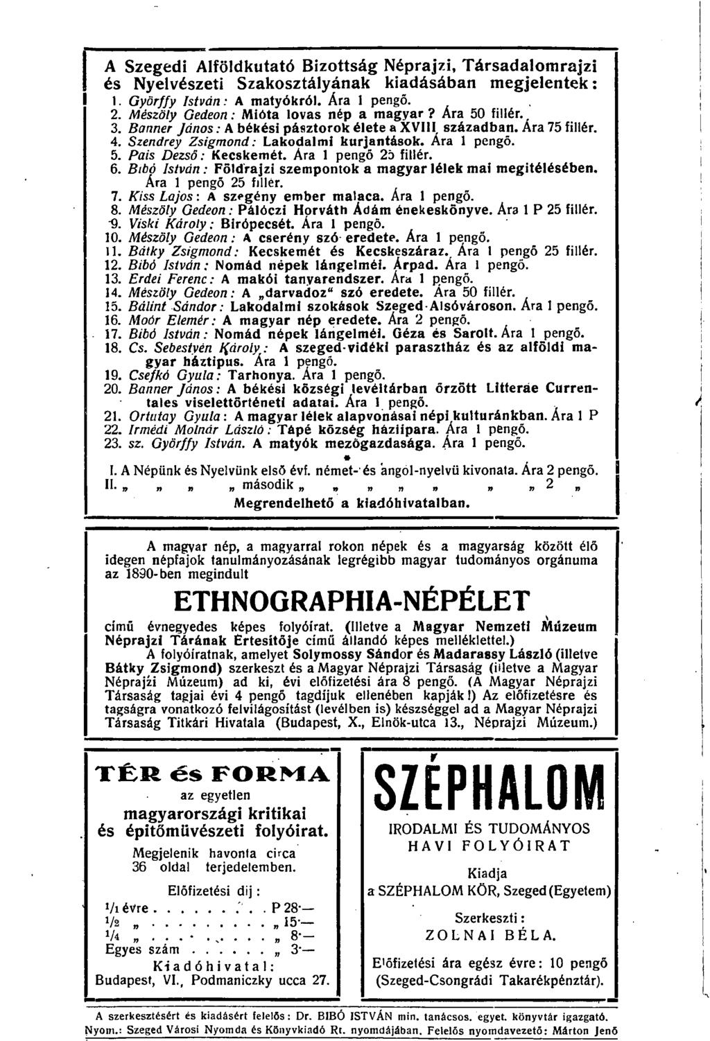 A Szegedi Alföldkutató Bizottság Néprajzi, Társadalomrajzi és Nyelvészeti Szakosztályának kiadásában megjelentek: 1. Györffy István: A matyókról. Ára 1 pengő. 2.