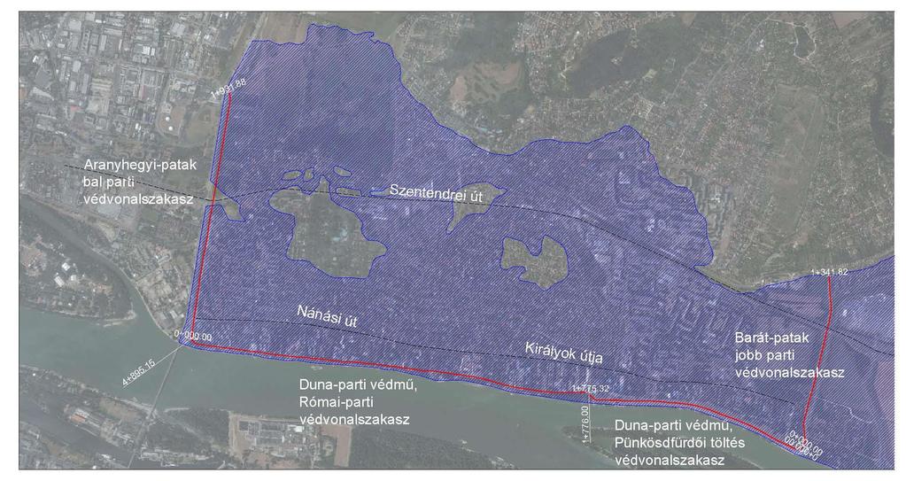 Javasolt árvízvédelmi megoldások Aranyhegyi-patak bal parti védvonalszakasz Meglévő töltés kiépítési szintje: MÁSZ - MÁSZ+20cm Beavatkozás: Árvízvédelmi fal építése (~1,1m magas) Szádfal alépítmény