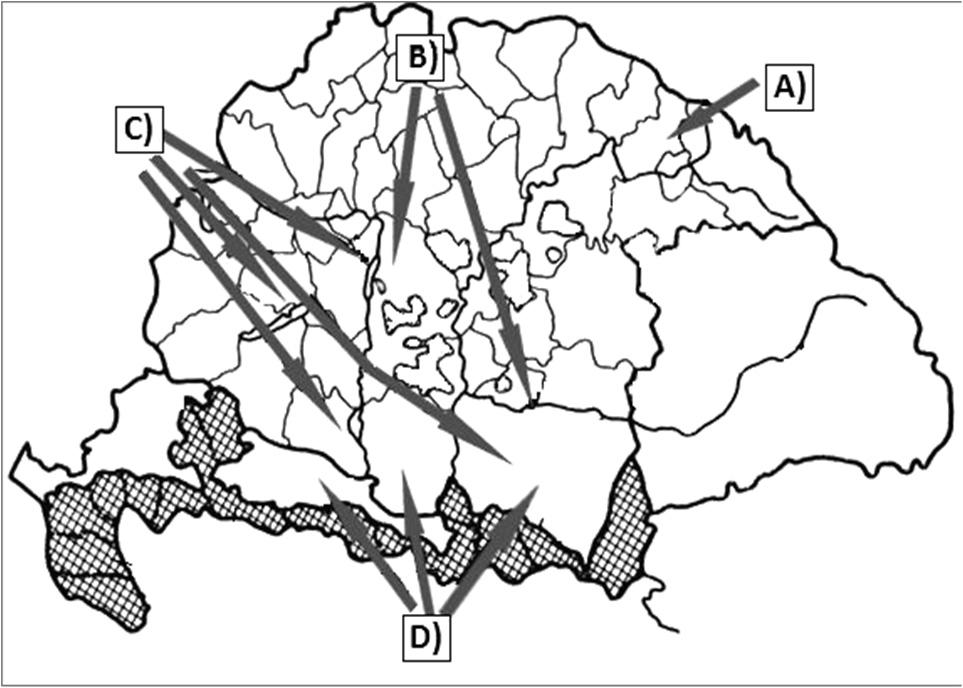 .. c) Állapítsa meg, melyik betűjelhez tartozó nyíl/nyilak jelöli/jelölik a ruszin népcsoport mozgását a térképen! Betűjel: Népmozgások a XVIII.