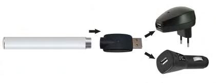 AZ E-CIGARETTA AKKUMULÁTORÁNAK TÖLTÉSE 1. Papír zsebkendővel törölje szárazra az akkumulátor csavarmenetes részét és kontaktpontját. 2. Csavarja az e-cigaretta akkumulátort az USB akkutöltőre. 3.