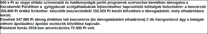 Támogatási program elnevezése: Támogató megnevezése: KORÁBBI, KMJV 29210-10/2014. támogatási szerződés / VÁROSI TÁMOGATÁSI PROGRAMOK Kecskemét MJV Önk.