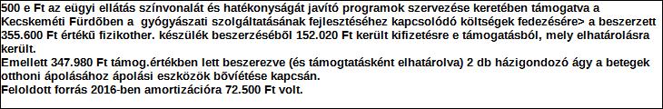 Támogatási program elnevezése: Támogató megnevezése: KORÁBBI, KMJV 29210-10/2014. támogatási szerződés / VÁROSI TÁMOGATÁSI PROGRAMOK Kecskemét MJV Önk.