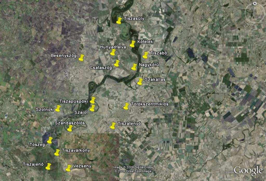 A kistáj területén található településeket a Google Earth program segítségével tettem szemléletessé. 1. kép: Szolnoki-ártér települései (forrás: Google Earth) 2.
