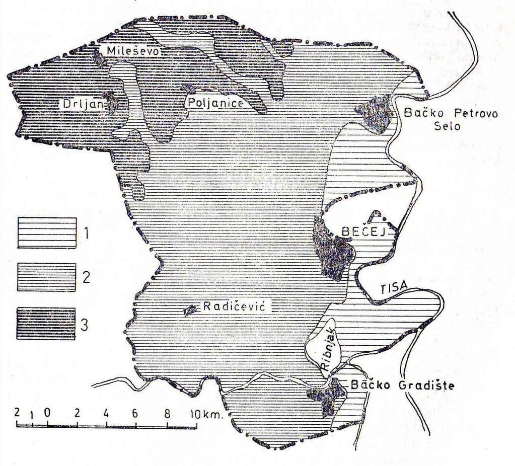 Геоморфолошка карта општине Бечеј 1- Алувиална раван Тисе, 2- Лесна тераса, 3- Лесни плато Око 4 км северно од дола који је изградио Чик, лесни плато је рашчлањен још једним долом без сталног тока,