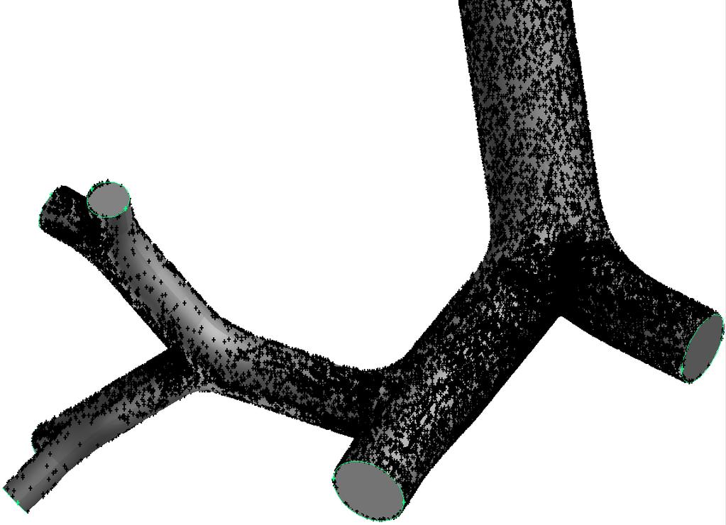 15. ábra: A radonleányelemek kiülepedéseloszlása a vizsgált légúti geometriában. A fekete keresztek jelölik a kiülepedett részecskéket.