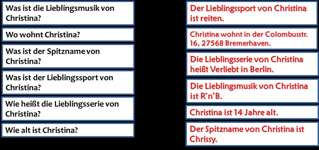 Ich gehe zweimal in der reiten. Mein ist sehr nett, manchmal aber auch. Mein heißt Lara. Wenn ich nicht, dann mache ich nachmittags Aerobic. Seit der Klasse treibe ich diese.