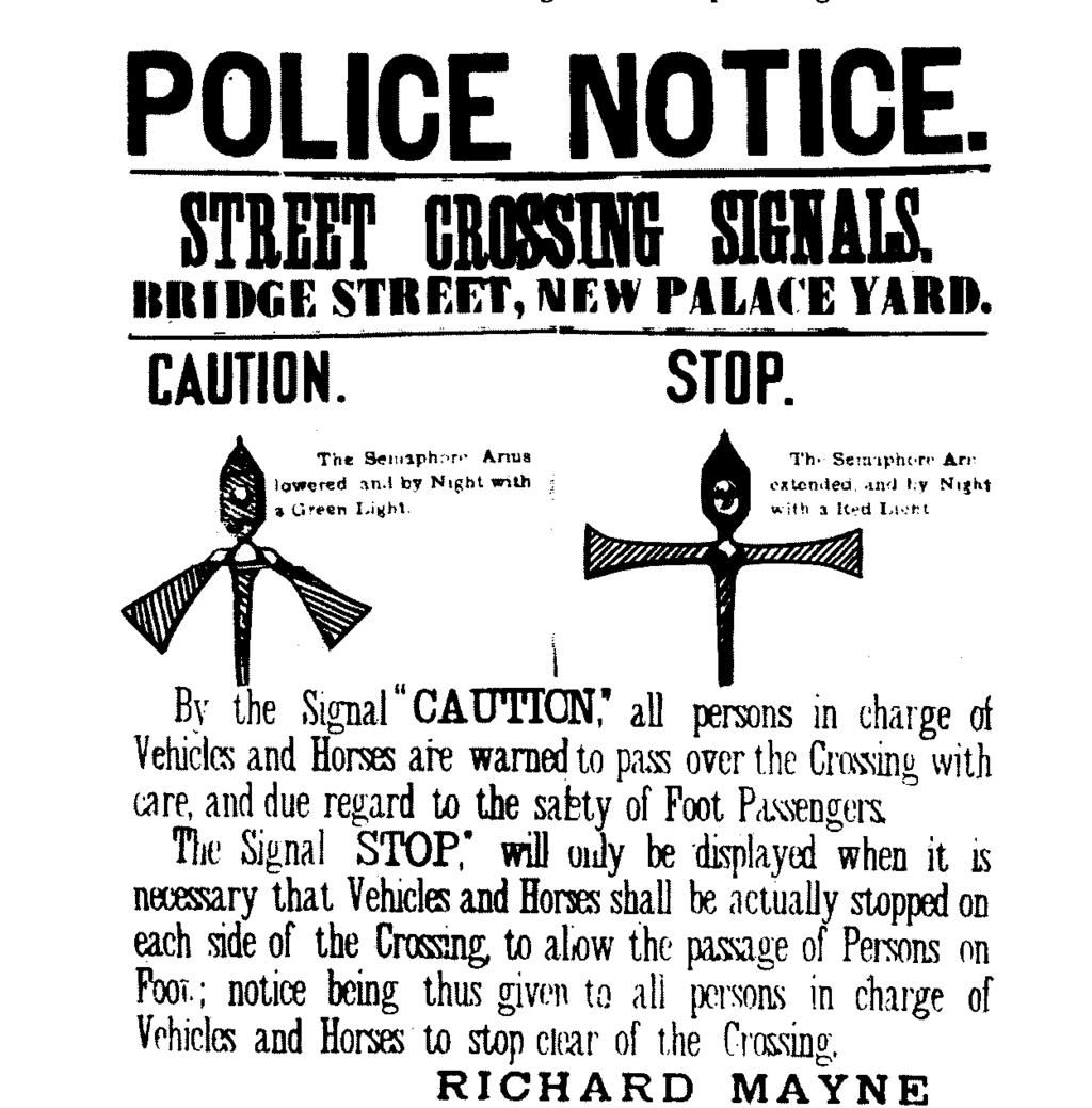 Brief history of road traffic control 1868: the first traffic light installed in London at the crossing of Bridge Street and New Palace Yard