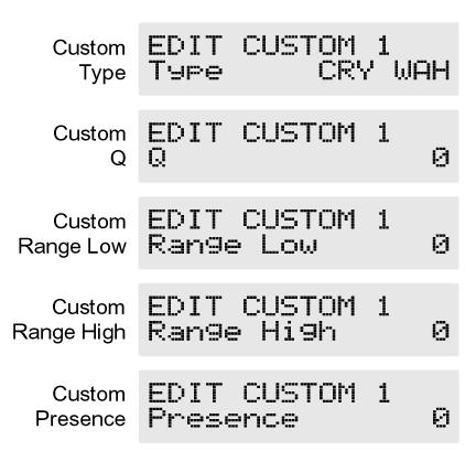 3. Nyomja meg a PARAMETER [ ] [ ] gombokat, hogy a Type jelenjen meg a kijelzőn. 4. A PATCH/VALUE kerék forgatásával válasszon a Custom1-3 közül. Type (típus) Az alap Wah típust választhatjuk ki vele.
