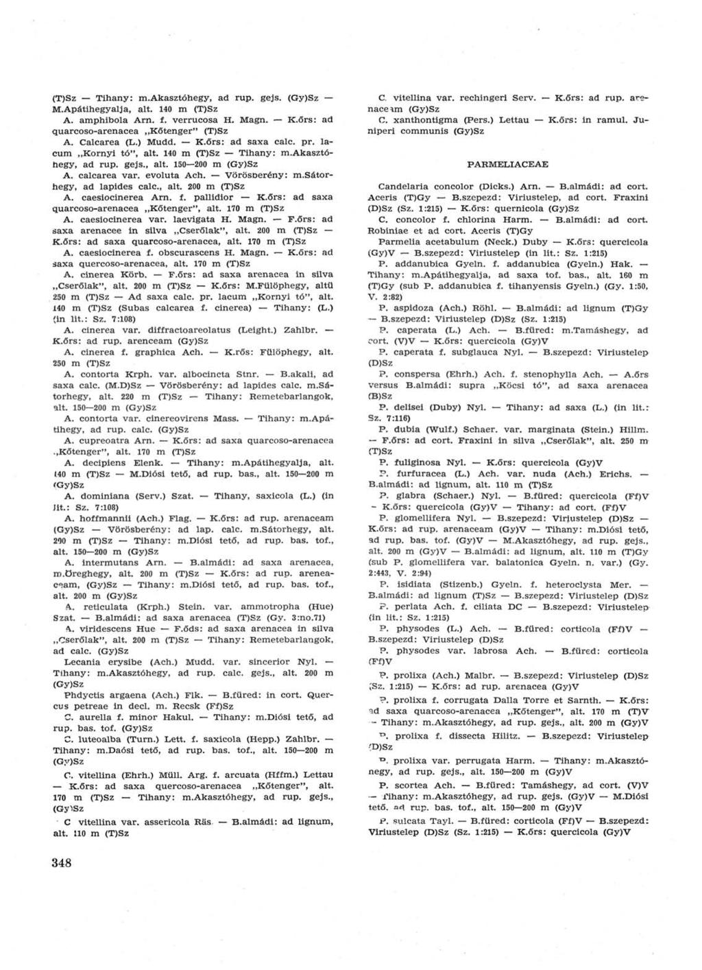 (T)Sz Tihany: m.akasztóhegy, ad rup. gejs. (Gy)Sz M. Apátihegy alj a, alt. 140 m (T)Sz A. amphibola Arn. f. verrucosa H. Magn. K.őrs: ad quarcoso-arenacea Kőtenger" (T)Sz A. Calcarea (L.) Mudd. K.őrs: ad saxa cale.
