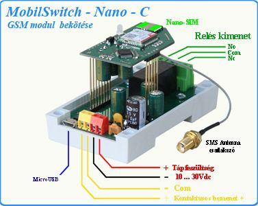 3. A modul bekötése: A modul piros sorkapcsain +10-30V tápfeszültséget igényel, fordított polaritás ellen védett, és min. 500mA-es terhelhetőségű tápot igényel.