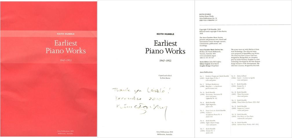 Keith Humble Earliest Piano Works ausztrál kottafüzet Kim Bastin szerkesztésében, 2010