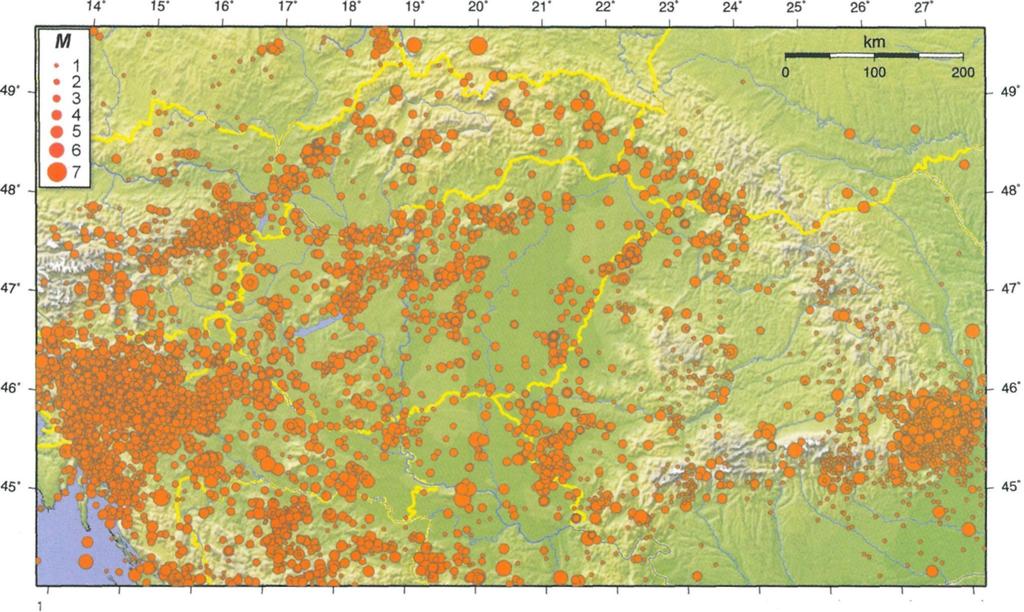 2 Distribution of earthquake epicentres in the Pannonian Region and its surrounding area (44.0-50.0 N; 13.