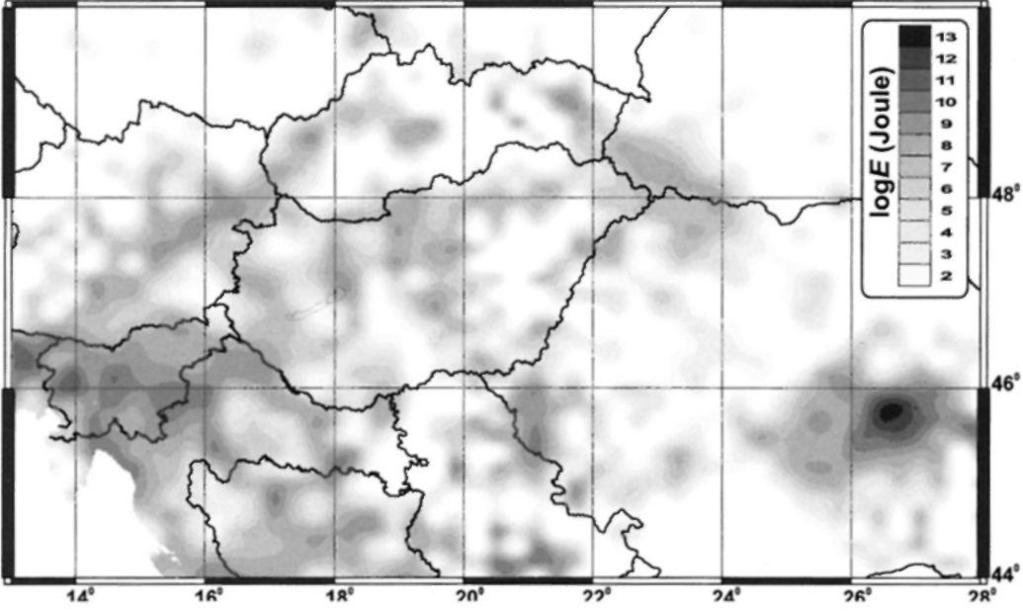 A földrengések mélységének eloszlása a Pannon régióban. A rengések több mint 80%-a három mélység tartományban jelentkezik.