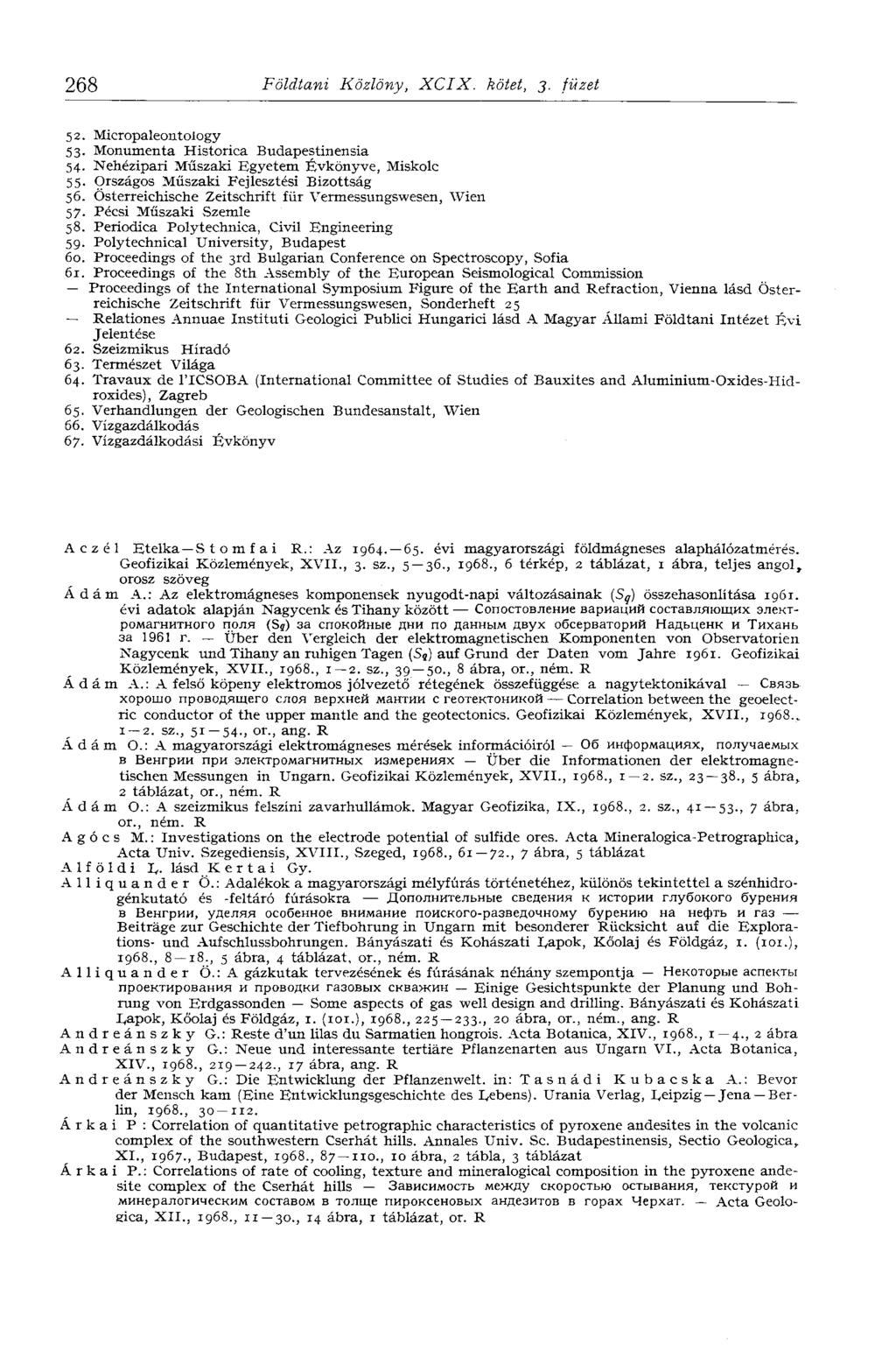 268 Földtani Közlöny, XCIX. kötet, j. füzet 52. Micropaleontology 53. Monumenta Historica Budapestin en sia 54. Nehézipari Műszaki Egyetem Évkönyve, Miskolc 55.